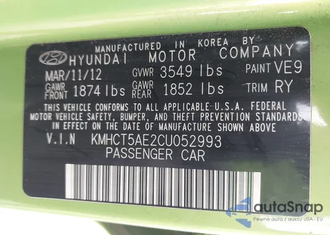 2012 Hyundai Accent Gs z USA, uszkodzony, nr VIN KMHCT5AE2CU052993